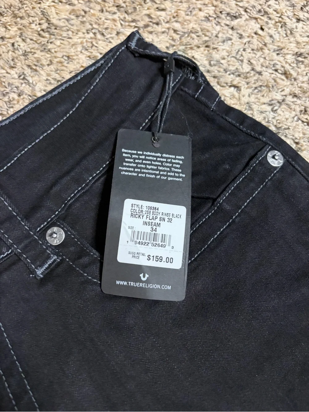 True Religion Ricky Flap Jeans Men’s W34 Black Horseshoe